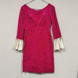 Vtg 1960s Hot Pink Angelair By Monika Sz 8 Mod Velvet Dress W Lace Bell Sleeve